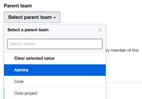 Dropdownmenü mit einer Liste der Organisationsteams