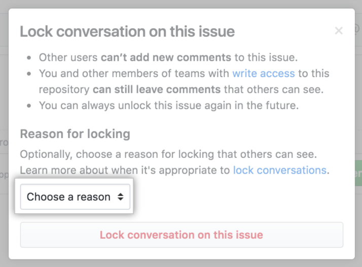 Menü „Reason for locking a conversation" (Grund für das Sperren einer Unterhaltung)
