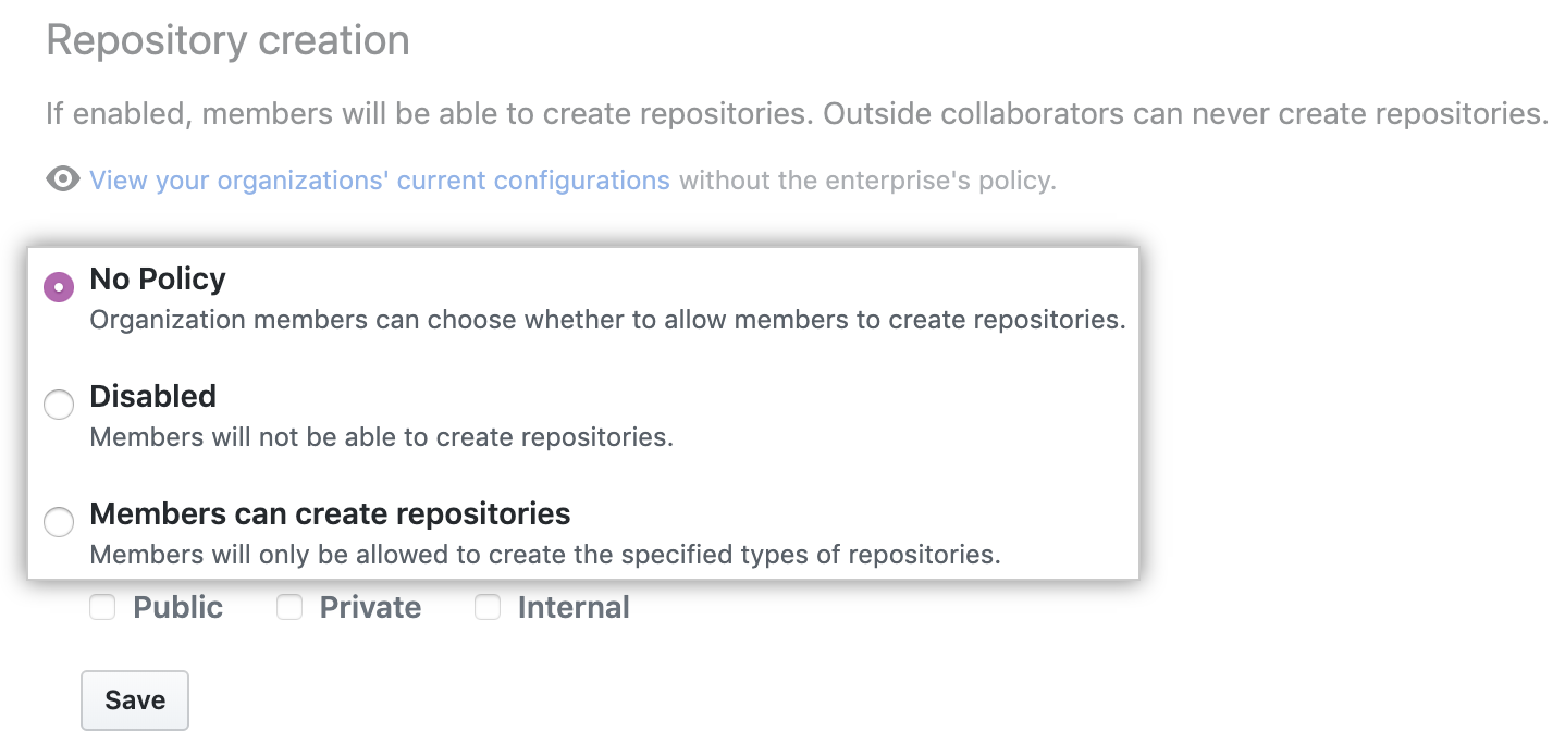 Dropdownmenü mit den Optionen für die Richtlinie für die Repository-Erstellung