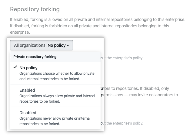 Dropdownmenü mit den Optionen für die Richtlinie für das Repository-Forking
