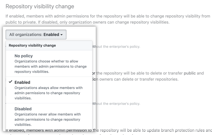Dropdownmenü mit den Optionen für die Richtlinie für die Repository-Sichtbarkeit