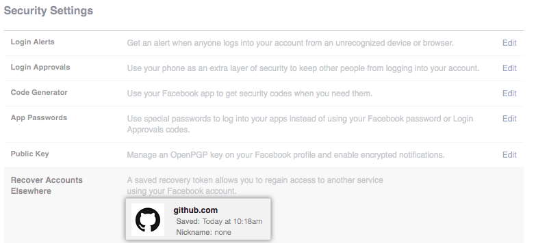 Facebook に格納されているリカバリトークンのリスト
