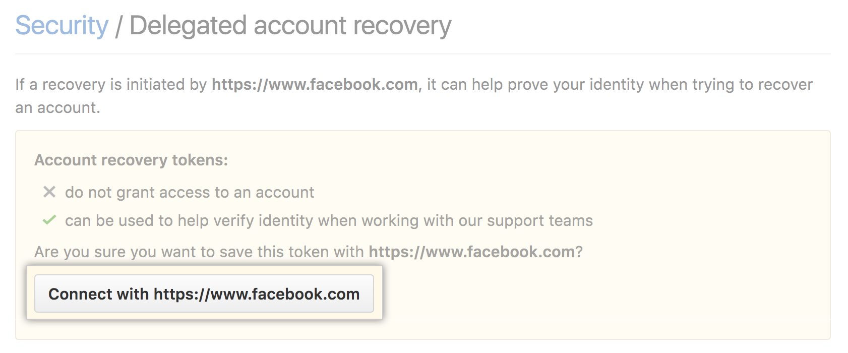 リカバリトークンを Facebook と関連付けるボタン