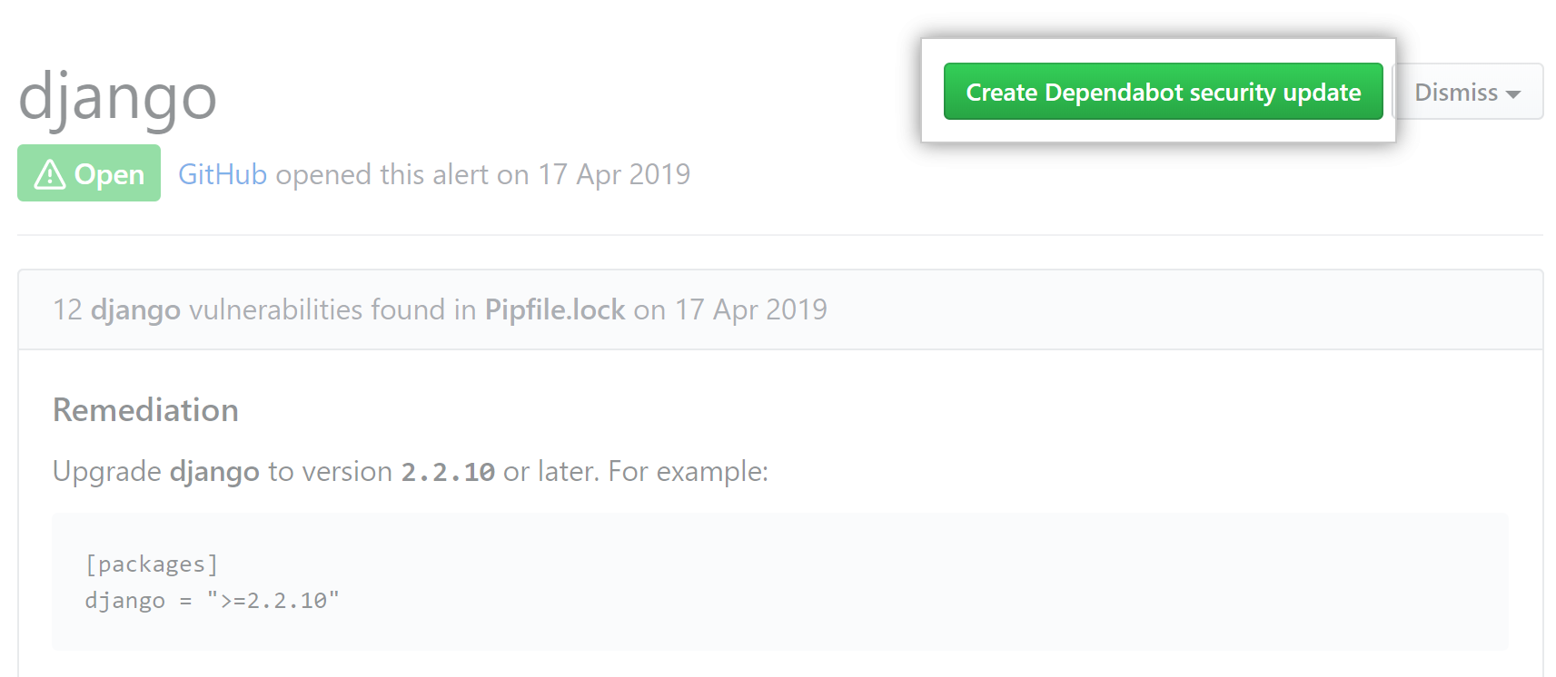 Botón de Crear una actualización de seguridad para el Dependabot