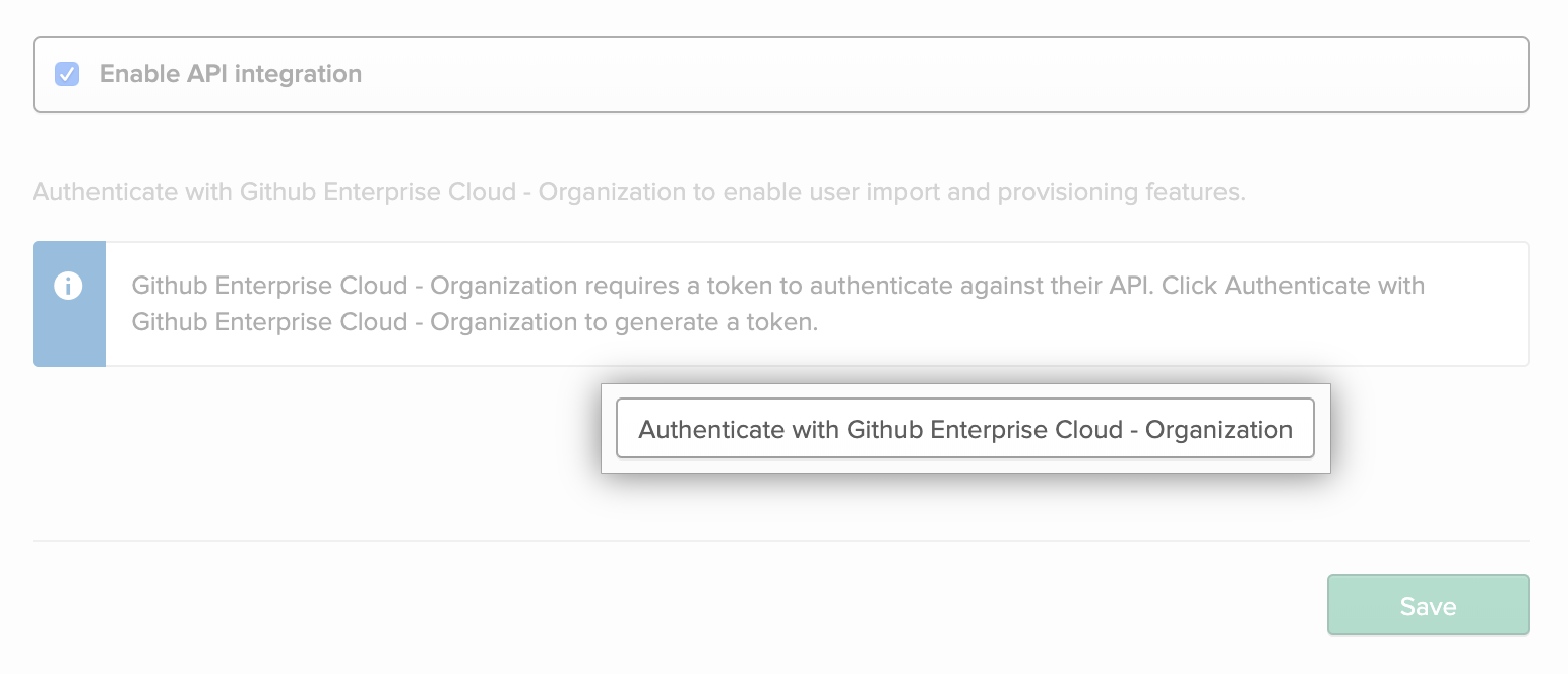Botón "Autenticar con GitHub Enterprise Cloud - Organization" para la aplicación de Okta