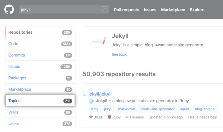 主题侧菜单选项突出显示的 Jekyll 仓库搜索结果页面