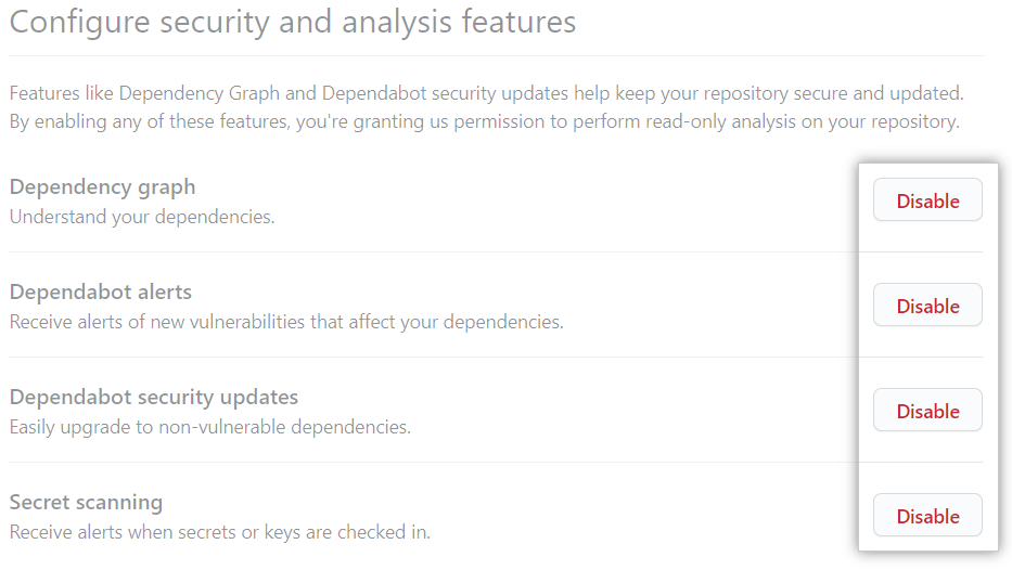 "Enable" or "Disable" button for "Configure security and analysis" features