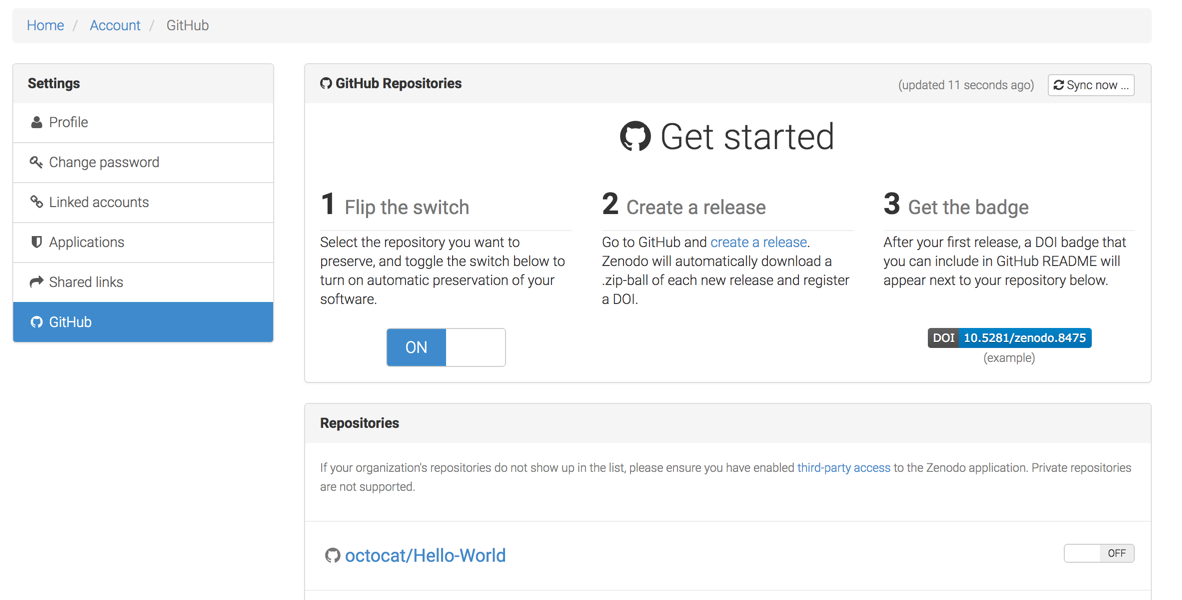 Página do GitHub no Zenodo