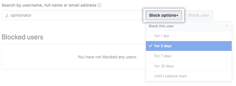 Menu suspenso Block options (Opções de bloqueio)