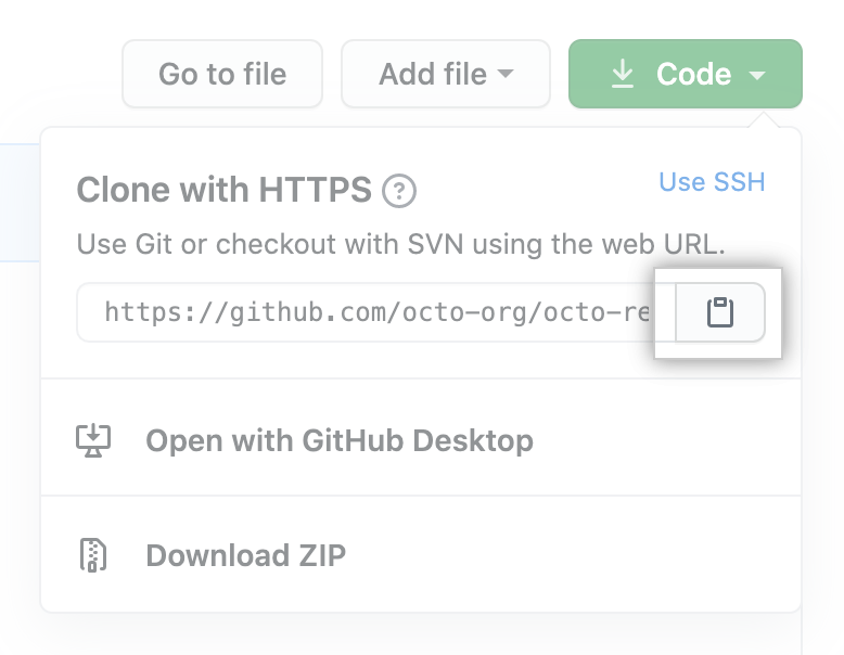 El icono de portapapeles para copiar la URL para clonar un repositorio