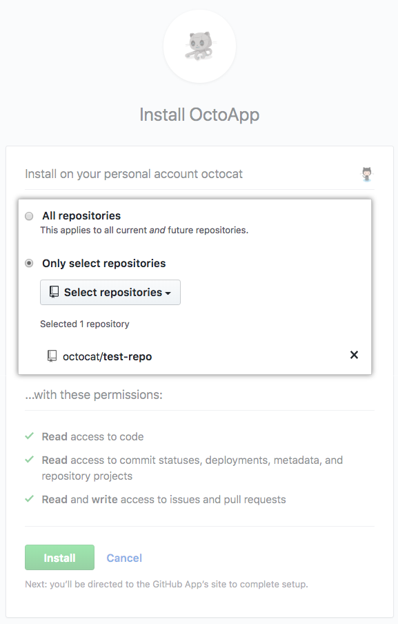 Botões com opções para instalar um app em todos ou apenas determinados repositórios
