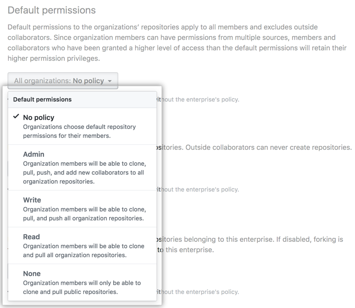 Menu suspenso com opções de políticas de permissões de repositório