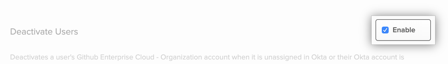 "Enable" checkbox for Okta application's "Deactivate Users" option