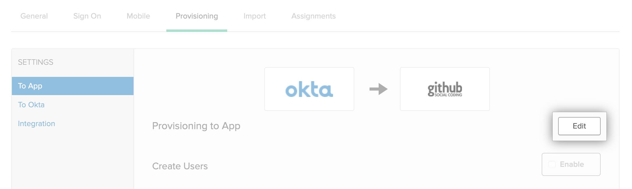 "Edit" button for Okta application's provisioning options