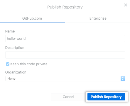 El botón Publish repository (Publicar repositorio) en el cuadro de diálogo Publish Repository (Publicar repositorio)