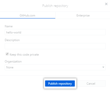 El botón Publish repository (Publicar repositorio) en el cuadro de diálogo Publish repository (Publicar repositorio)