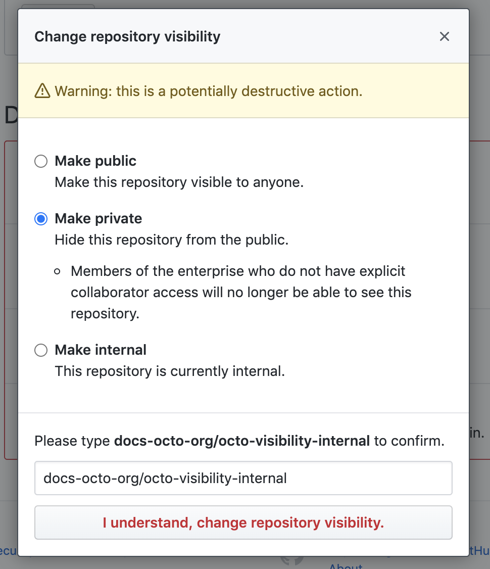 Diálogo de opciones para la visbilidad del repositorio