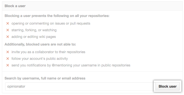 Campo Username (Nombre de usuario) y botón Block (Bloquear)