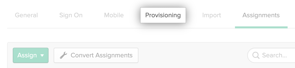 Okta 应用程序的"Provisioning(配置)"选项卡