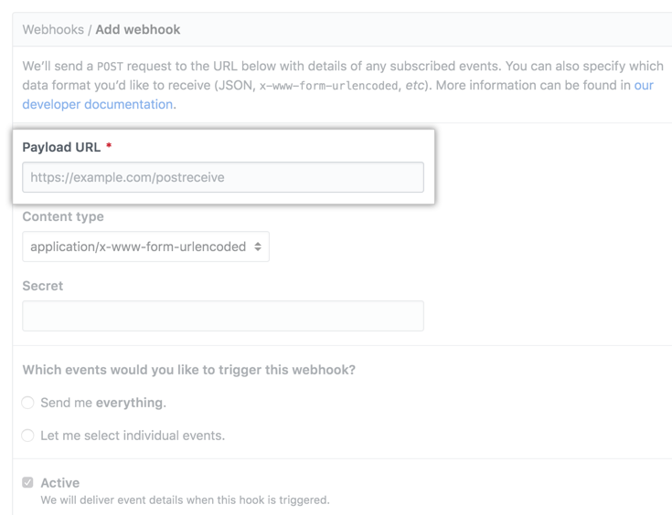 Fields for payload URL and other customization options