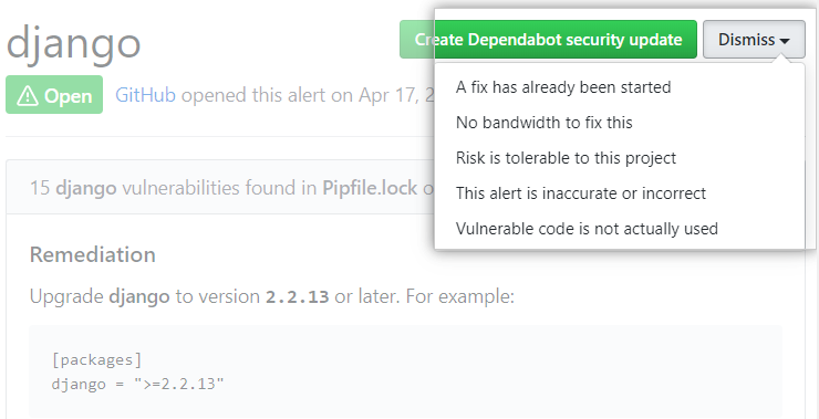 Choosing reason for dismissing the alert via the "Dismiss" drop-down