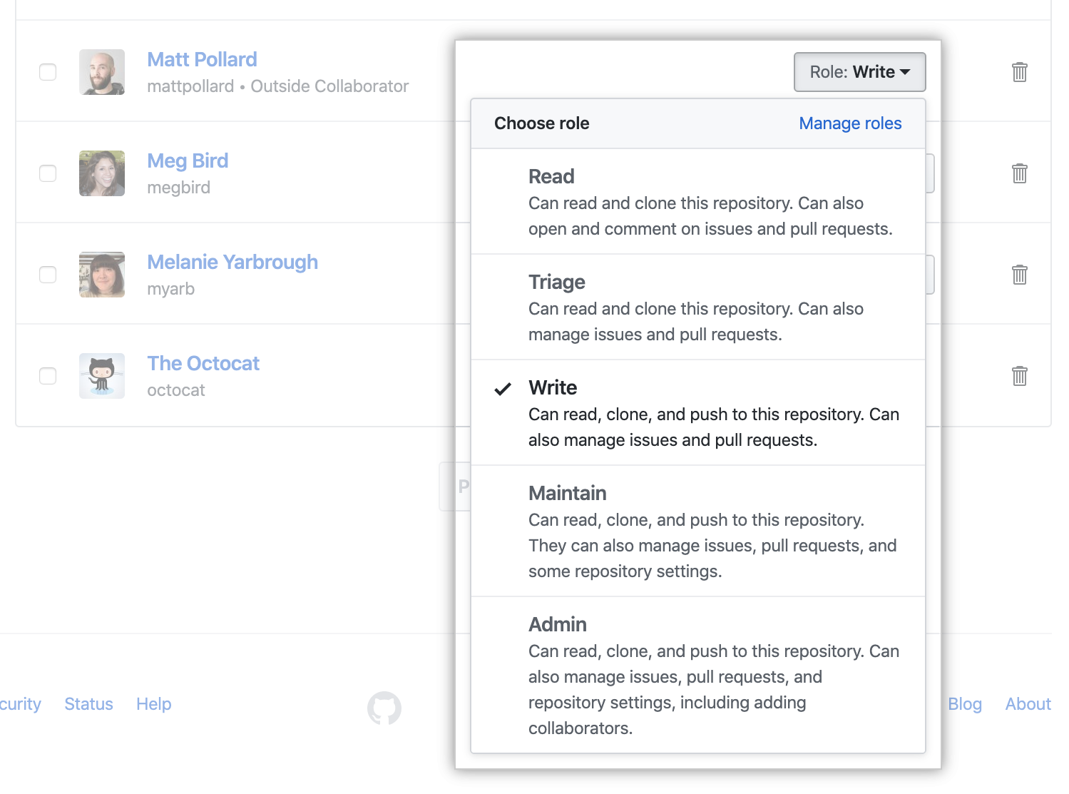 Using the "Role" drop-down to select new permissions for a team or person