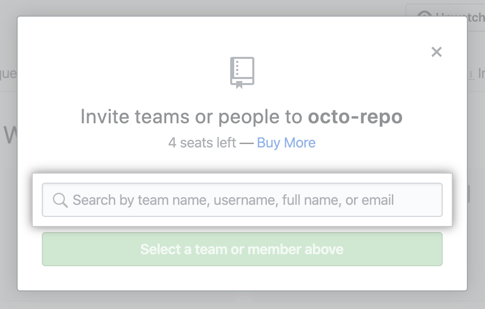 Campo de búsqueda para teclear el nombre del equipo o persona que deseas invitar al repositorio