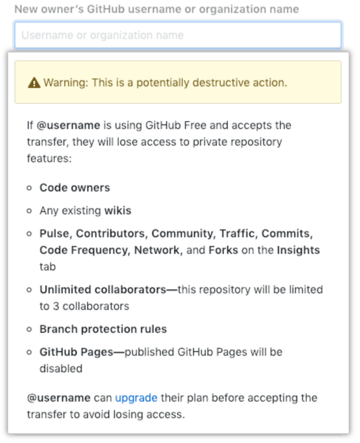 Warnings about transferring a repository to a person using a free product