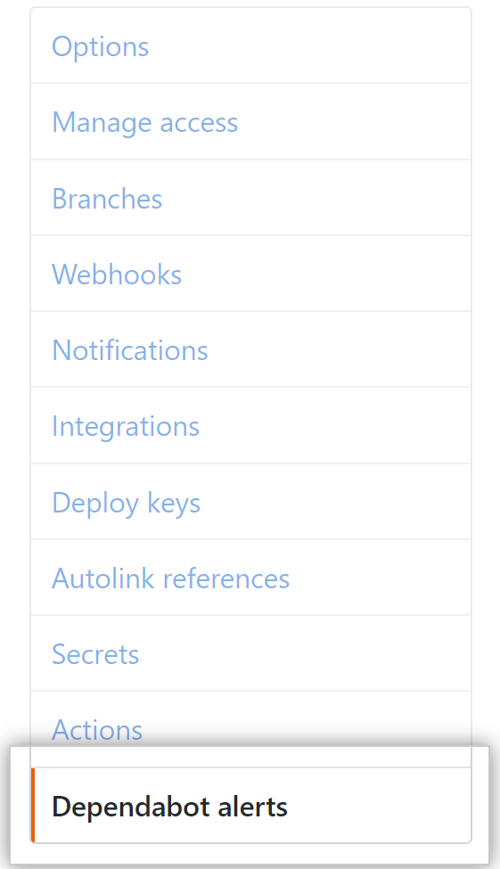 Dependabot alerts tab in the settings sidebar