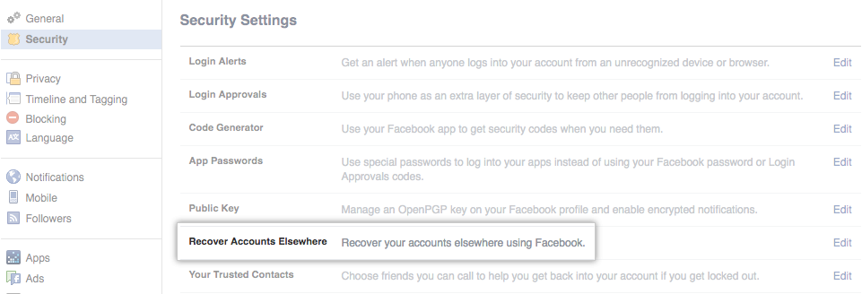 Facebook security settings page with Recover Accounts Elsewhere link