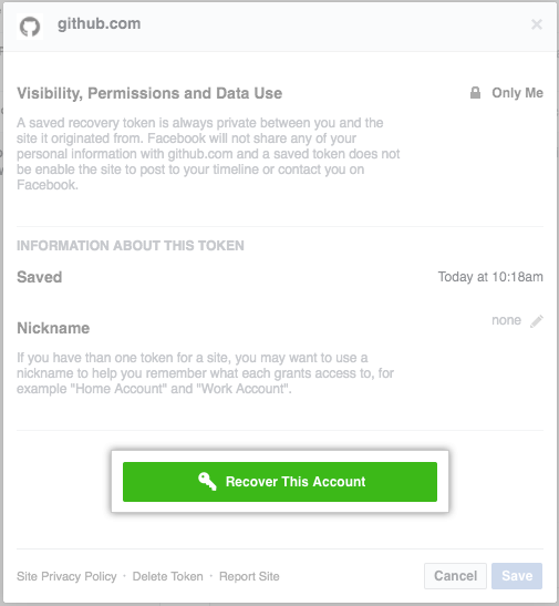 Modal box with information about your recovery token and Recover This Account button