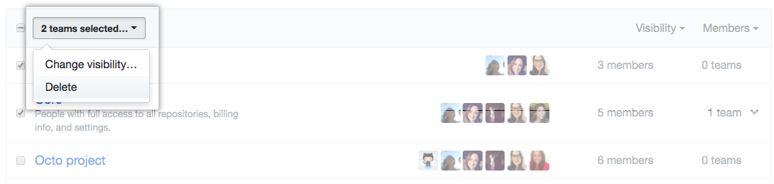 Dropdownmenü mit Option zum Ändern der Teamsichtbarkeit
