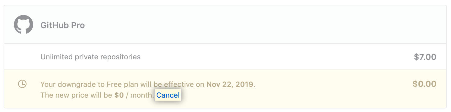 Link „Cancel“ (Abbrechen) neben einer ausstehenden Abonnementänderung