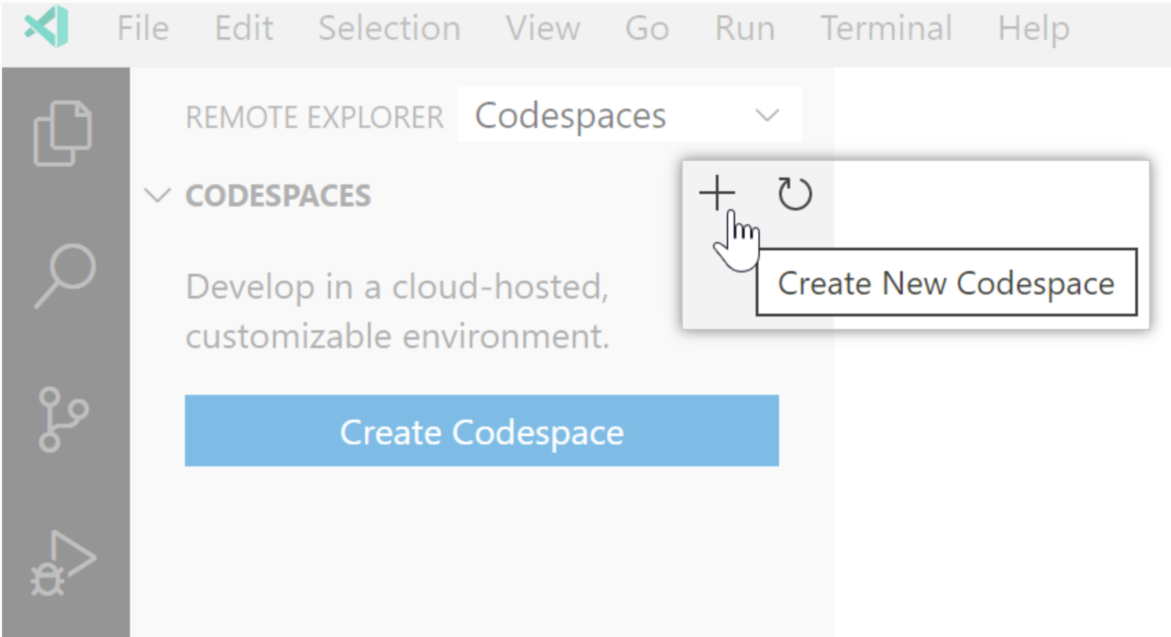 The Create new Codespace option in Codespaces