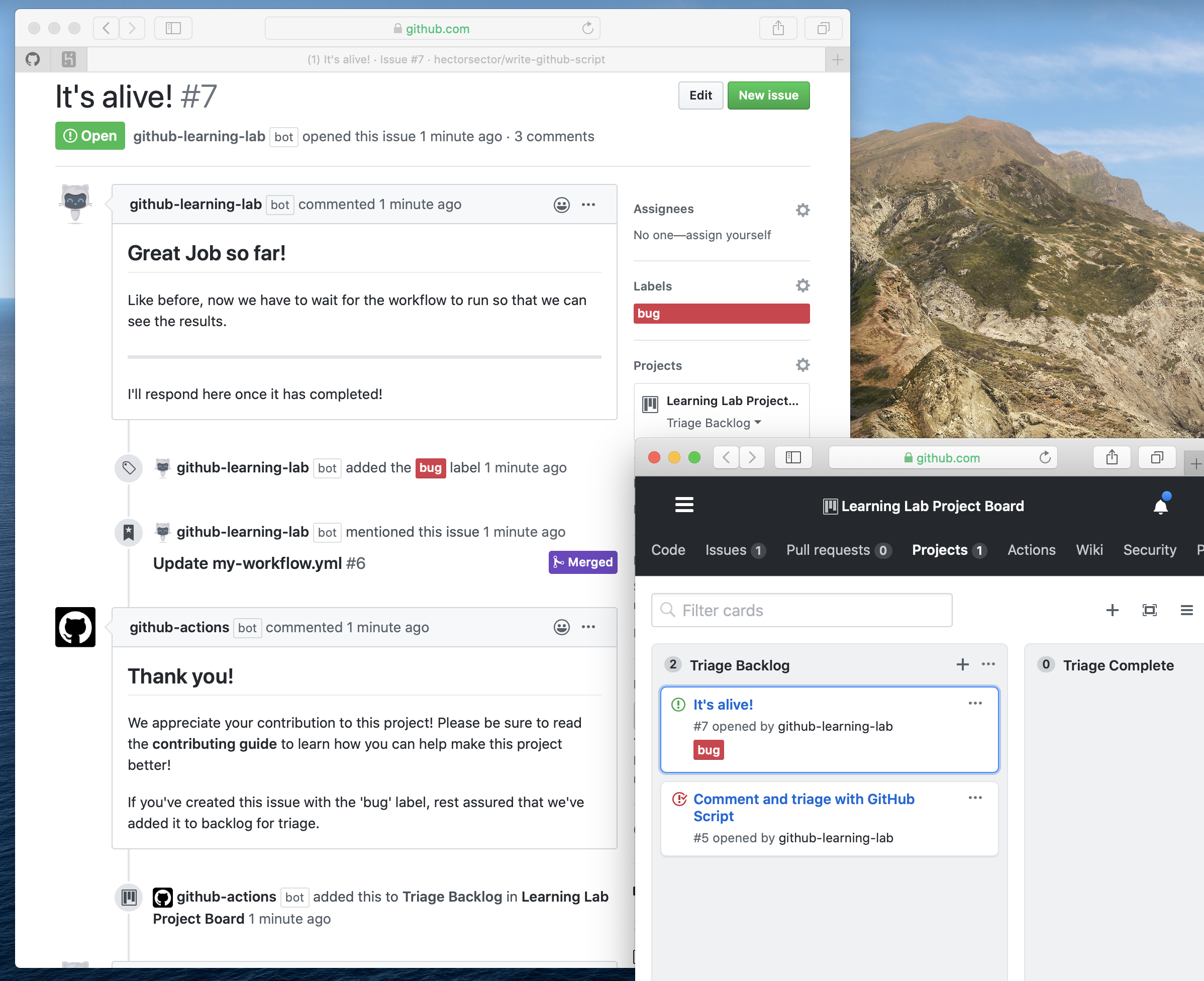 A user opens an issue, the GitHub Actions bot responds with a welcome message. Another window shows that the issue has been added to a project board.