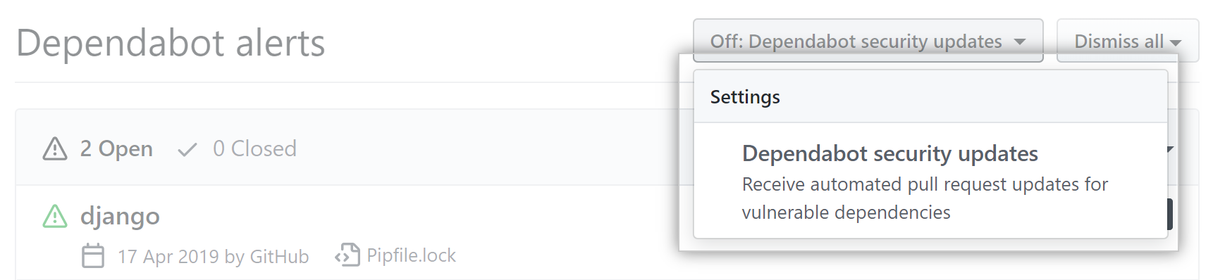 Drop-down menu with the option to enable Dependabot security updates