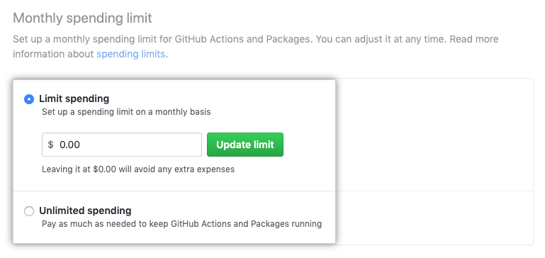 Radio buttons to limit spending or allow unlimited spending