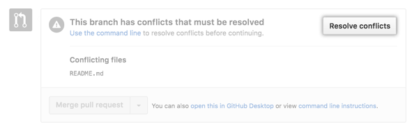 Schaltfläche „Resolve merge conflicts" (Mergekonflikte beheben)