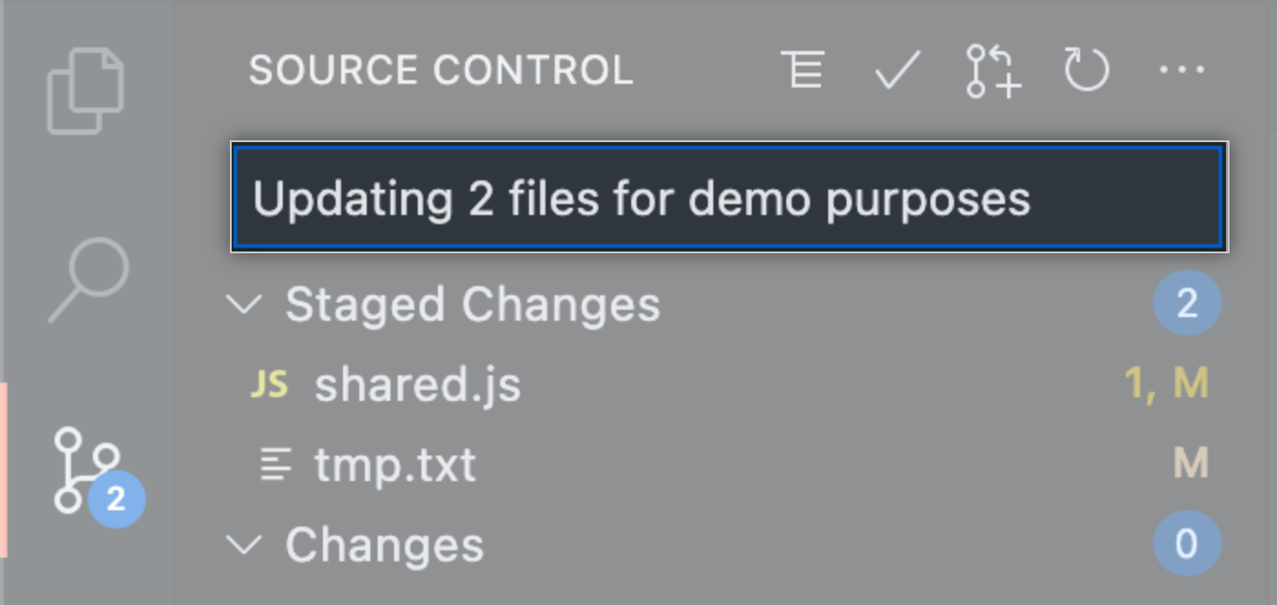 Barra lateral do controle de origem com uma mensagem de commit