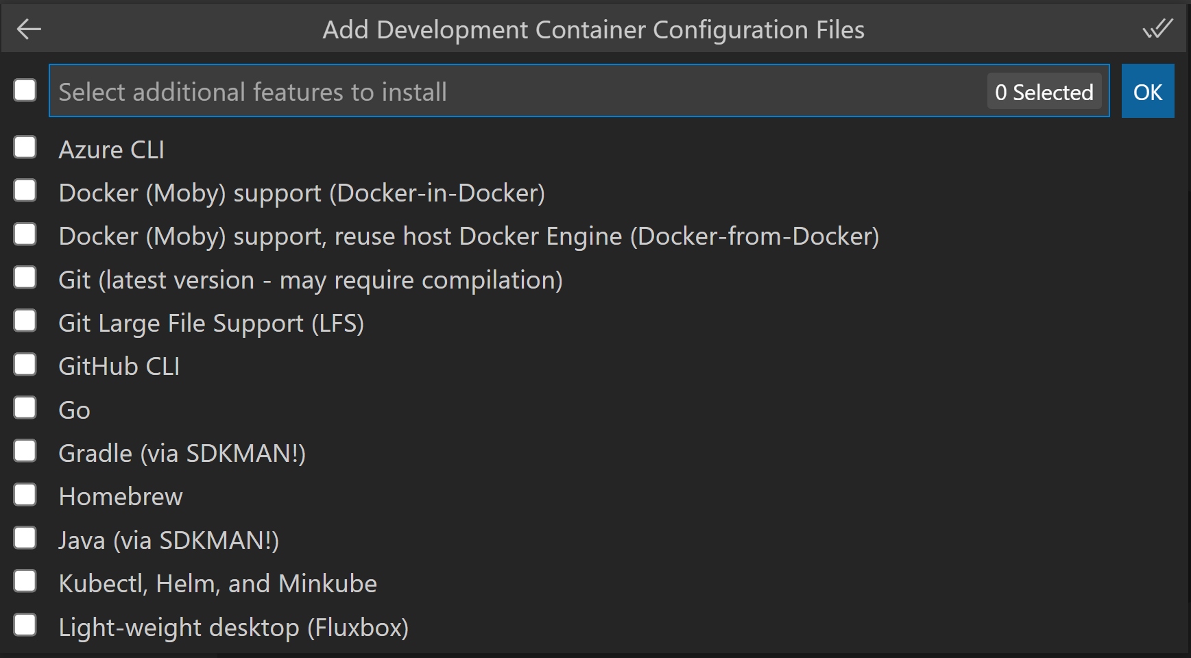 Dev container Features list drop down
