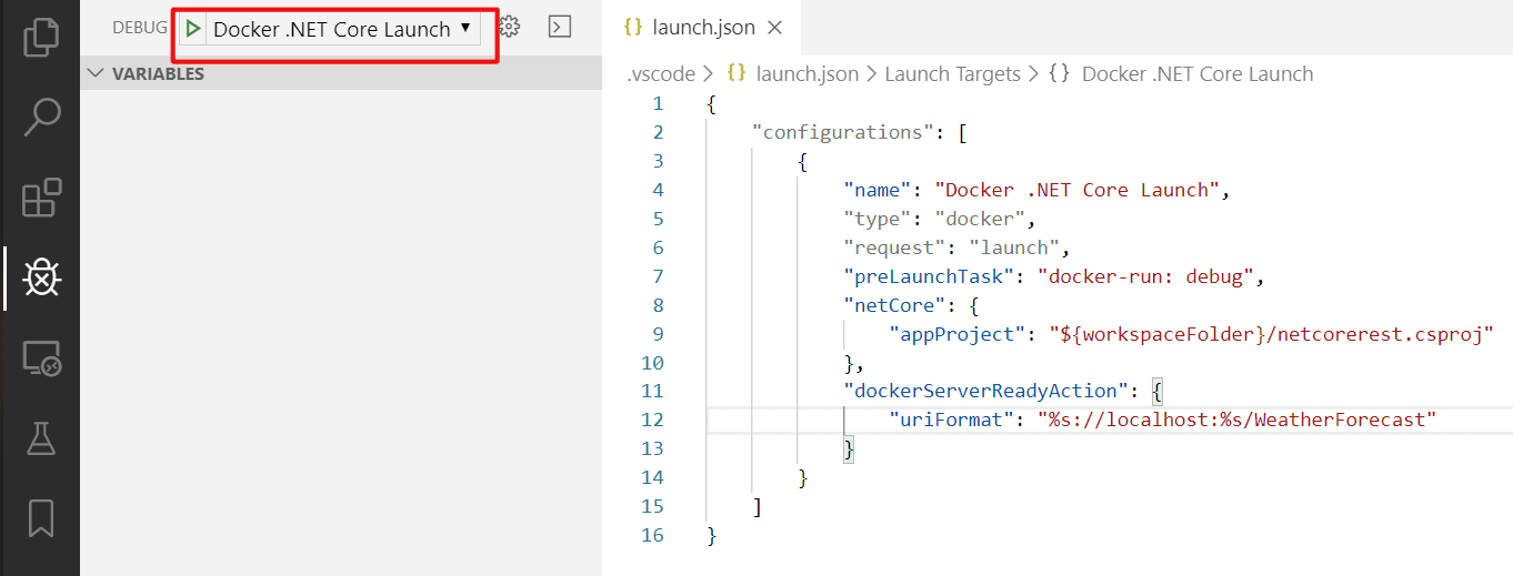 Selected Docker debug configuration