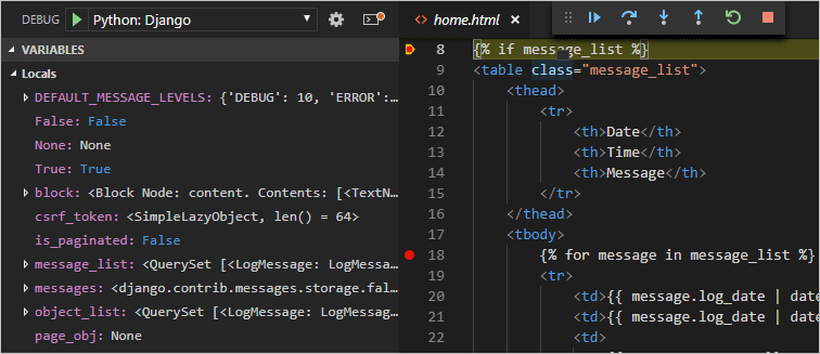 Django tutorial: debugger stopped at breakpoints in the page template