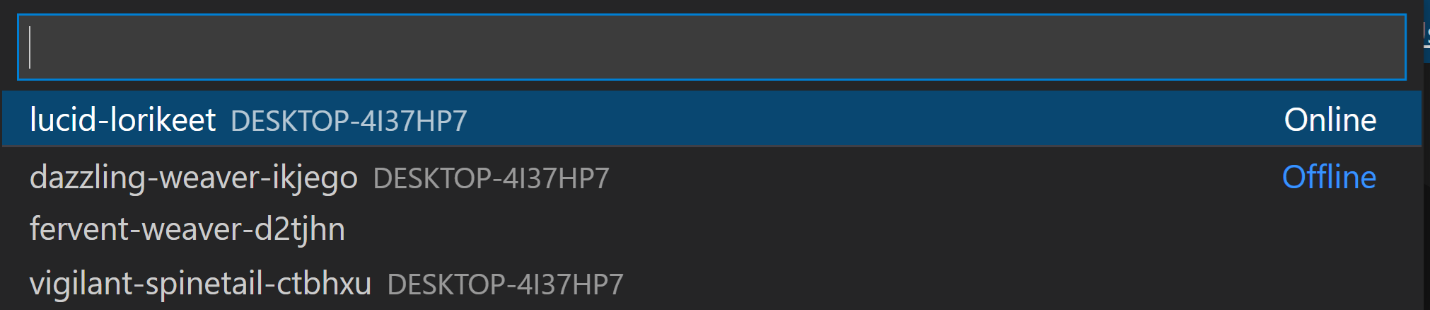 VS Code Command Palette with remote tunnels listed