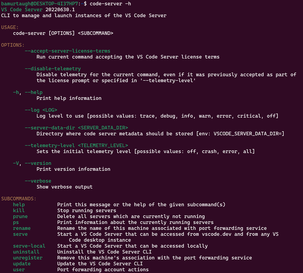 The VS Code Server help commands