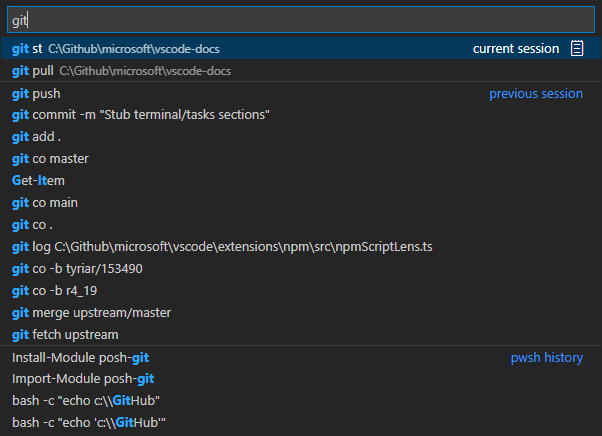 The "run recent command" command shows a quick pick with previously run commands that can be filtered similar to the go to file command