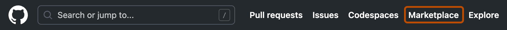 Screenshot of the GitHub navigation bar. A link to GitHub Marketplace is outlined in dark orange.