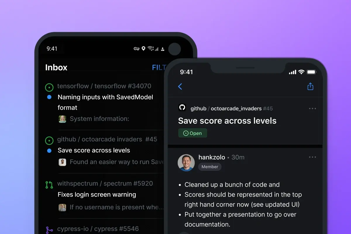 Two smartphone screens display GitHub notifications and issue details, with a purple gradient background. The left screen shows a list of notifications, including issues and pull requests from different repositories like TensorFlow and GitHub's OctoArcade Invaders. The right screen zooms in on a specific issue titled 'Save score across levels,' displaying details of the issue and a comment by user hanksolo.