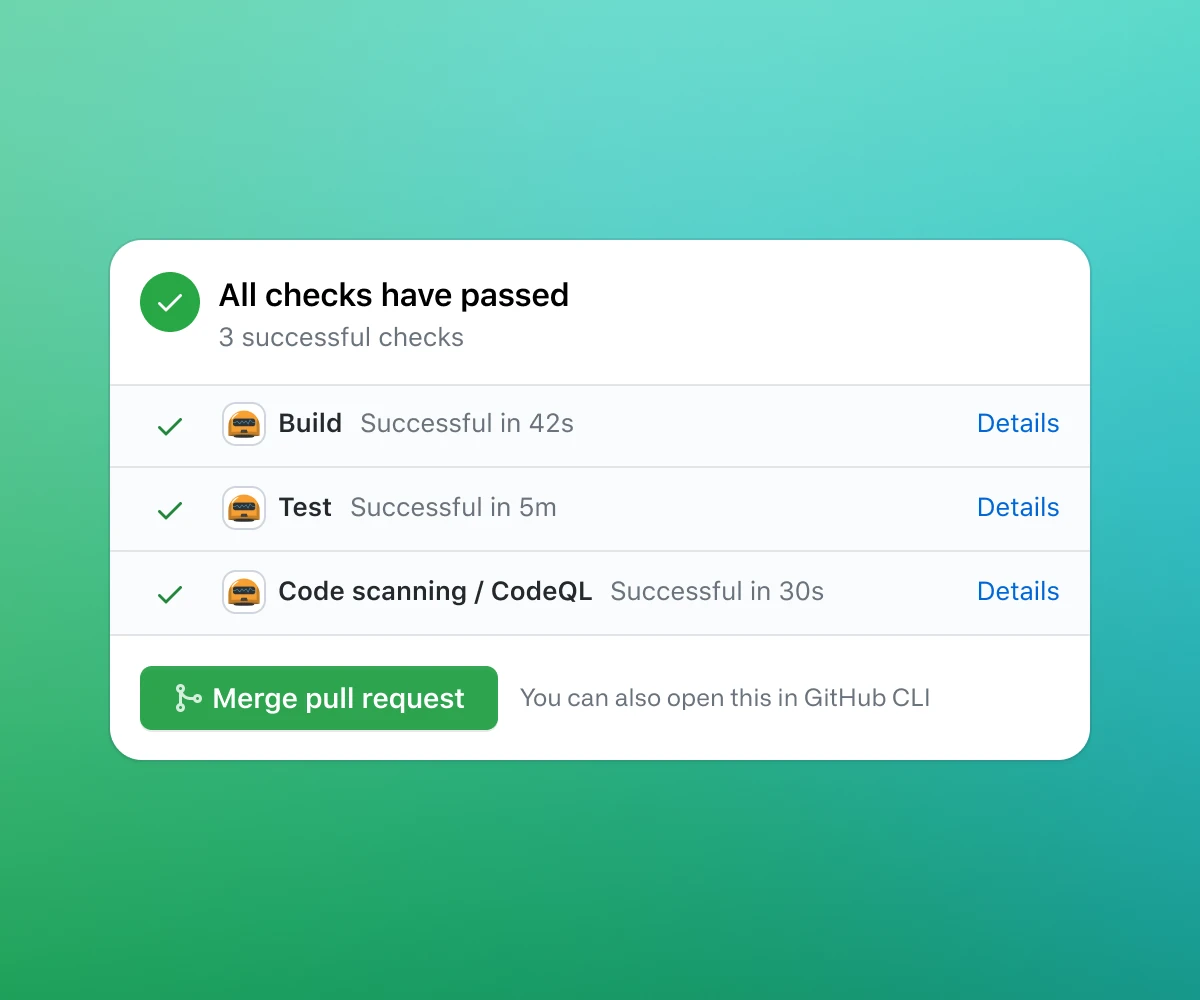 Screenshot showing the results of a successful GitHub Actions workflow. The header indicates that 'All checks have passed,' with three successful checks listed below. The checks include 'Build,' which completed successfully in 42 seconds, 'Test,' which completed in 5 minutes, and 'Code scanning / CodeQL,' which completed in 30 seconds. Each check has a corresponding 'Details' link. At the bottom, there is a green 'Merge pull request' button, indicating that the pull request is ready to be merged. The background features a gradient from green to teal.