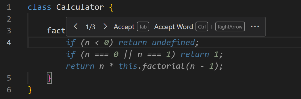 Screenshot of VS Code editor, showing Copilot giving multiple suggestions for when hovering over it.