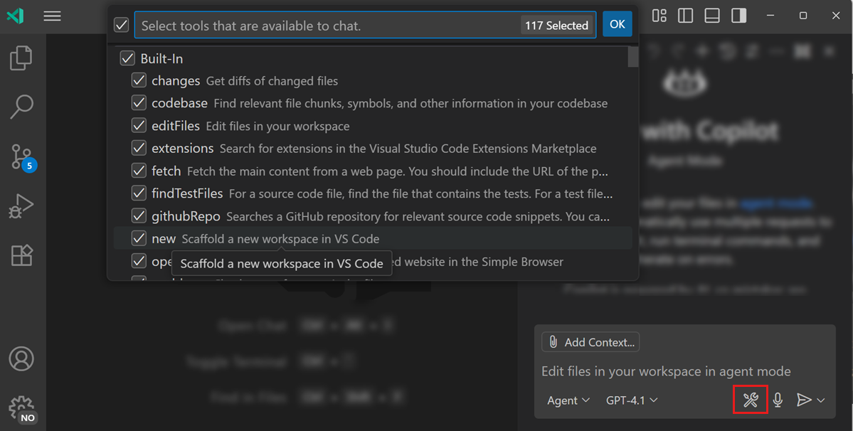 Screenshot showing the Chat view, highlighting the Tools icon in the chat input and showing the tools Quick Pick where you can select which tools are active.